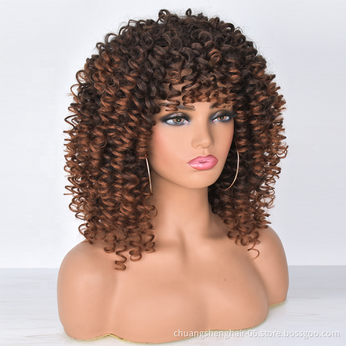 wholesale Natural color synthetic short curly wig vendors Afro Heat Resistant fiber kinky curly with bangs wigs for black women